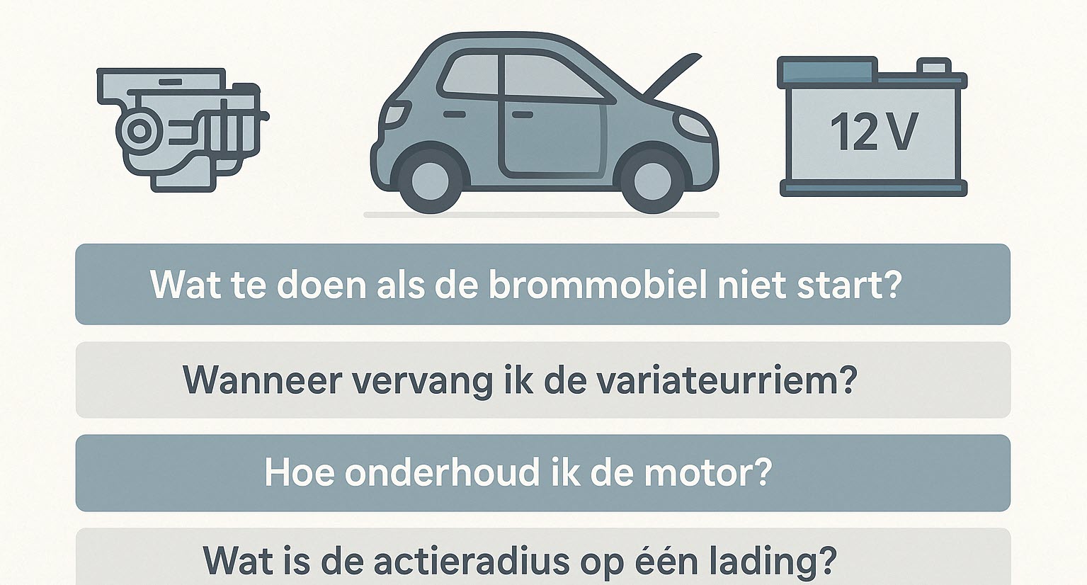 FAQ-banner met vragen en antwoorden rond brommobiel reparaties, inclusief icoon van een 45-km auto