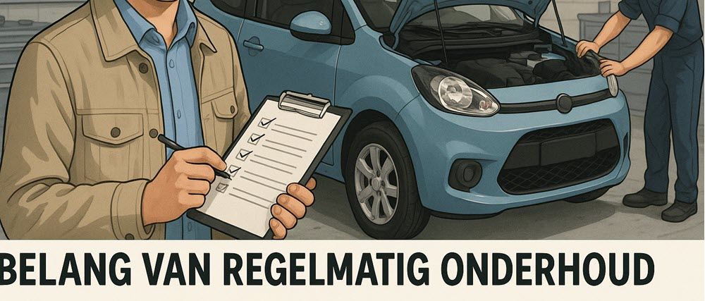 Bestuurder met checklist en monteur die een 45-km auto inspecteert, onderstreept belang van regelmatig onderhoud