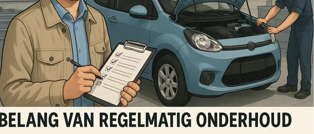 Bestuurder met checklist en monteur die een 45-km auto inspecteert, onderstreept belang van regelmatig onderhoud