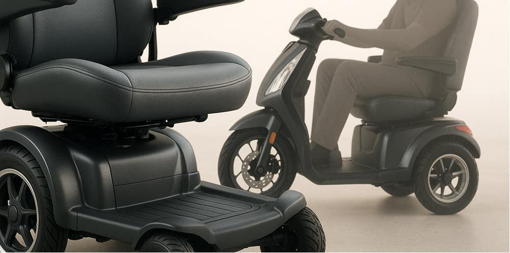 Detailopname van een moderne scootmobiel met luxe stoel, vering en schijfremmen voor optimale veiligheid en comfort