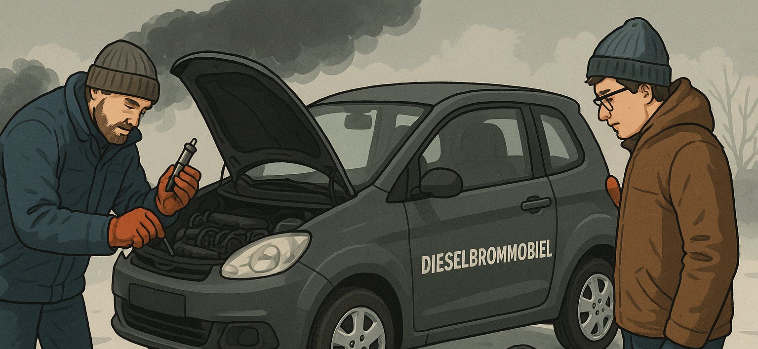 Dieselbrommobiel met open motorkap, waar een monteur gloeibougies en accu controleert ter voorkoming van startproblemen