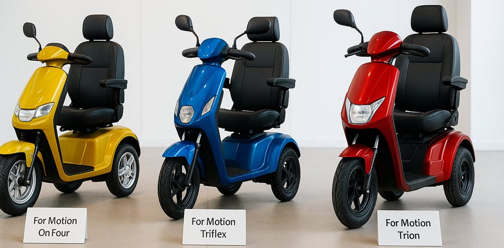 Vergelijking van For Motion On Four, Triflex en Trion scootmobielen met drie en vier wielen