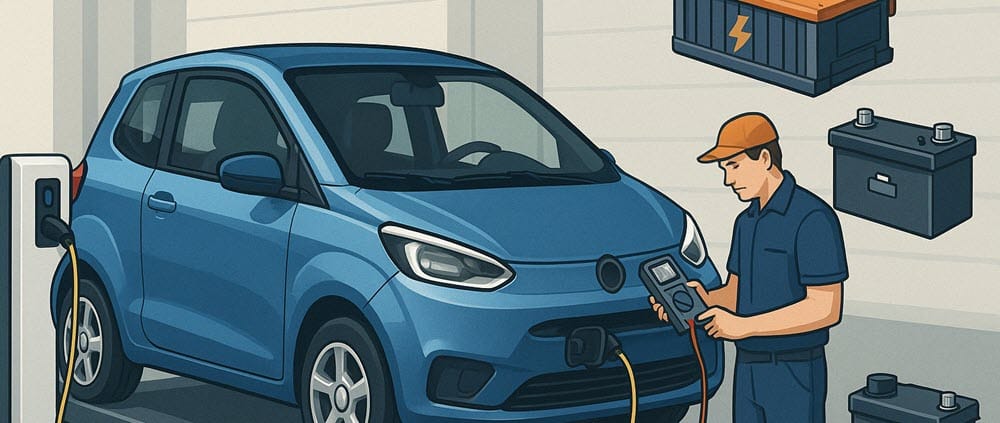 Elektrische microcar in garage aan laadpaal, met een elektricien die een mogelijk laad- of accuprobleem controleert