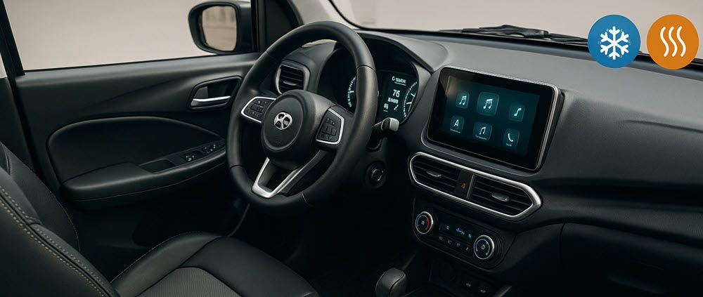 Interieur van een rijbewijsvrij voertuig met airconditioning en verwarming, met focus op comfort en ruimte