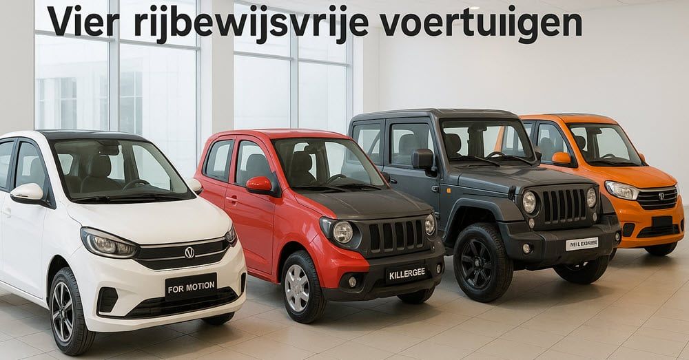 Vier rijbewijsvrije 45 km auto's – For Motion Dike, MOVE E4, Killerbee E-Car en MOVE Vigorous 8 – in een showroomopstelling.