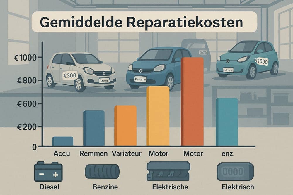 Staafdiagram met gemiddelde reparatiekosten voor brommobielen, omringd door verschillende soorten microcars in een werkplaats