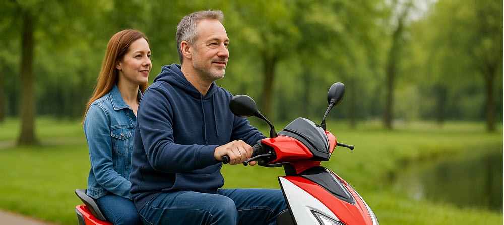 Sportieve IVA T3 2.0 scootmobiel met twee zitplaatsen voor duo-gebruik, gefotografeerd op een fietspad