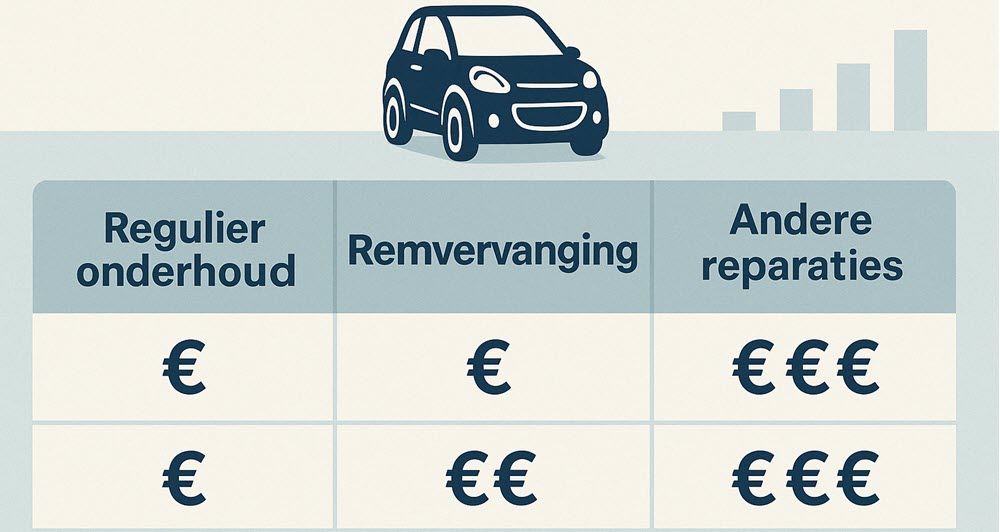 Visuele tabel met kostenindicatie voor verschillende onderhoudstaken aan een brommobiel, zoals olie verversen en remvervanging.
