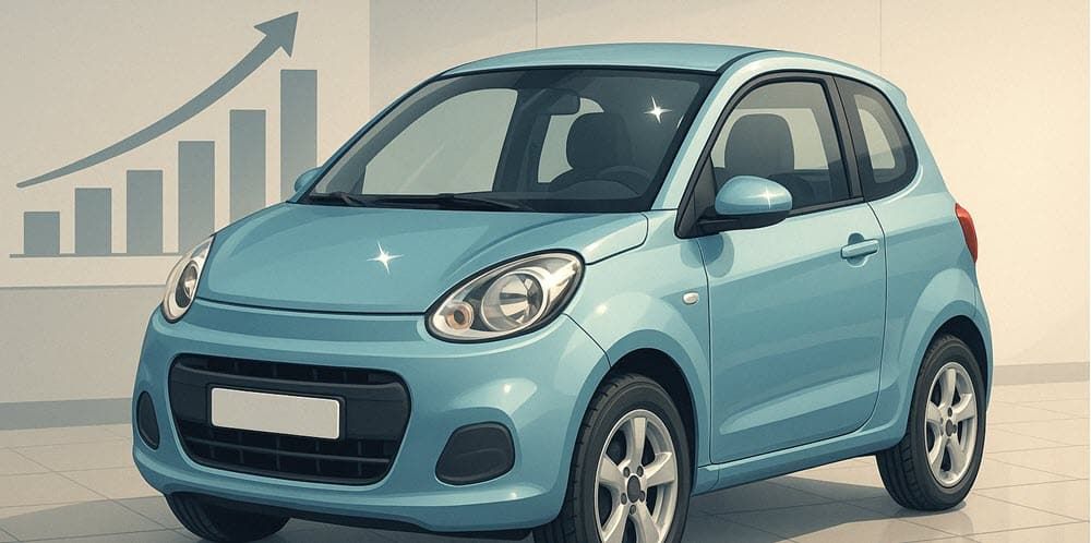 Glanzende microcar in een showroom met groeiende waardegrafiek, symboliseert langere levensduur en hogere restwaarde.