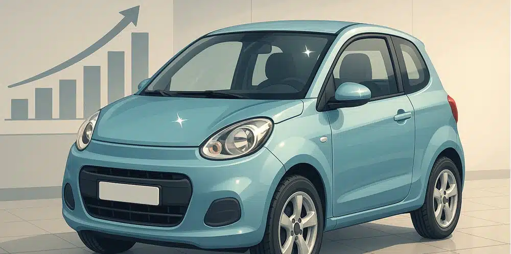 Glanzende microcar in een showroom met groeiende waardegrafiek, symboliseert langere levensduur en hogere restwaarde.