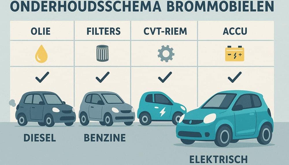 Grafisch onderhoudsschema voor diesel, benzine en elektrische brommobielen met iconen voor olie, filters en accu.