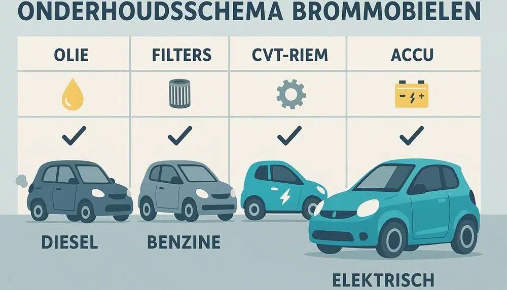 Grafisch onderhoudsschema voor diesel, benzine en elektrische brommobielen met iconen voor olie, filters en accu.