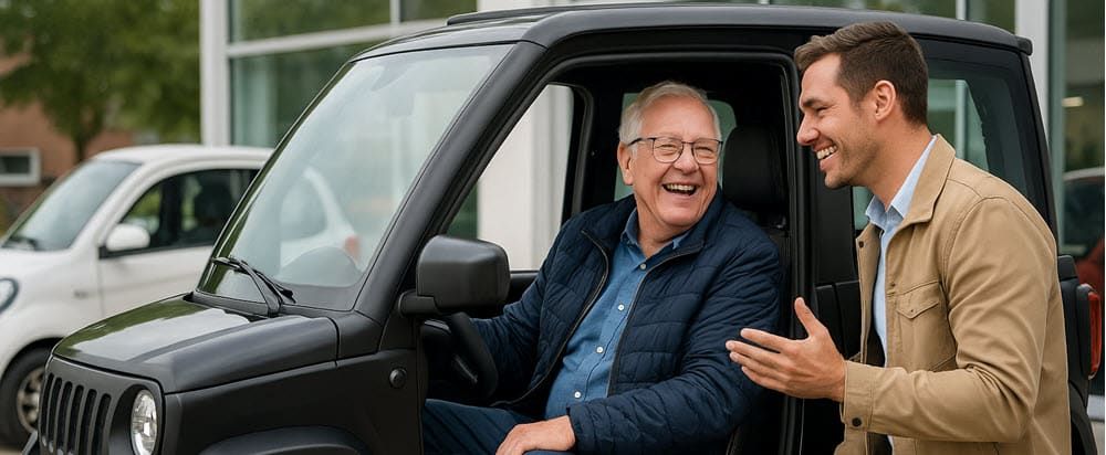 Een testrit in een rijbewijsvrije MOVE Vigorous 8, met tevreden bestuurder en dealer in gesprek over het voertuig
