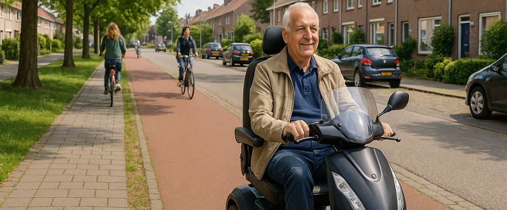 Senior op scootmobiel in een Nederlandse woonwijk tijdens dagelijks gebruik, voor maximale mobiliteit en vrijheid