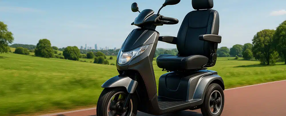 Moderne snelle scootmobiel rijdend in groen landschap voor extra mobiliteit en vrijheid