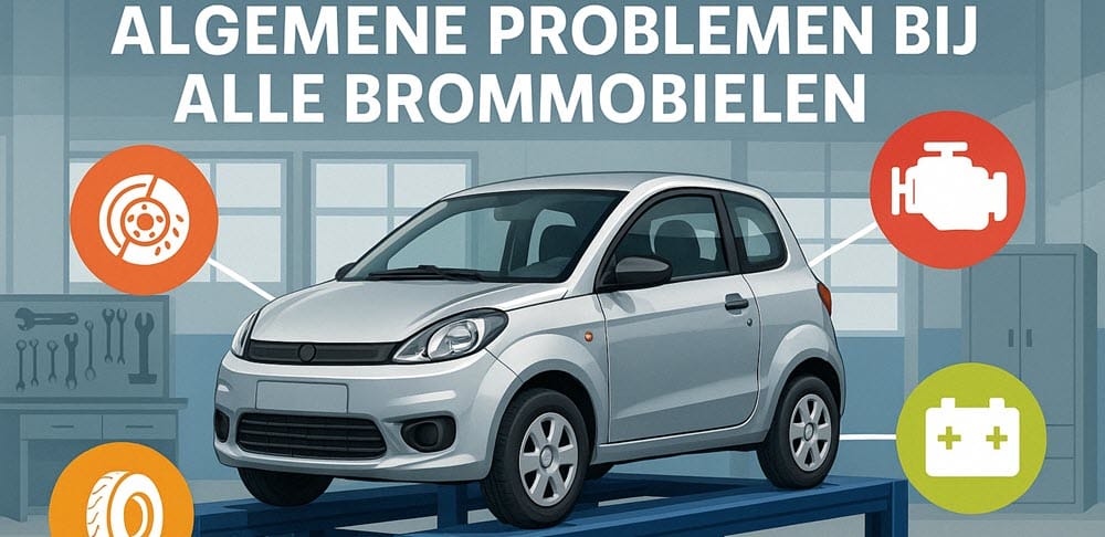Microcar op brug met uitgelichte probleemgebieden zoals remmen, motor en accu