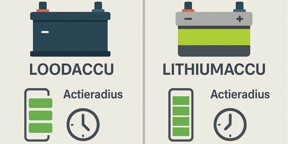 Visuele vergelijking tussen een loodaccu en een lithiumaccu voor een rijbewijsvrije 45 km auto, met nadruk op actieradius en laadtijd