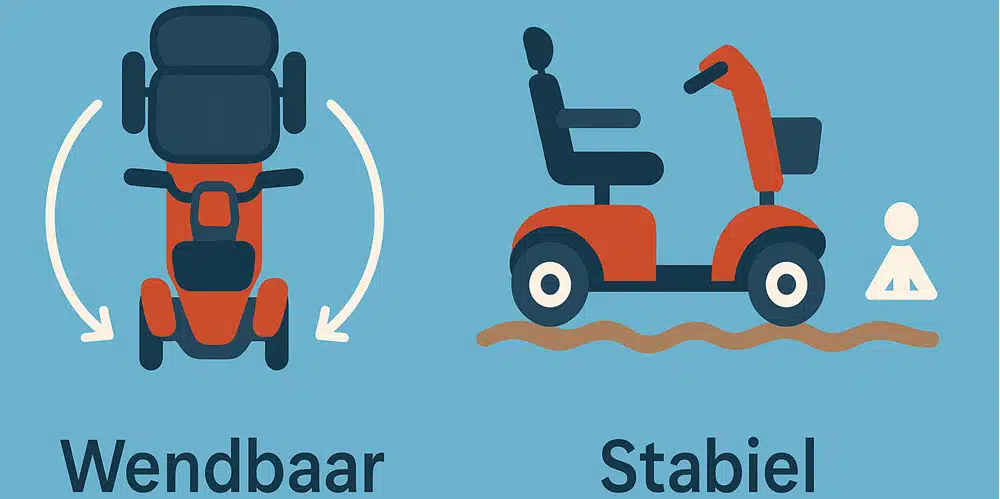 Infographic vergelijkt wendbaarheid 3-wiel en stabiliteit 4-wiel scootmobiel