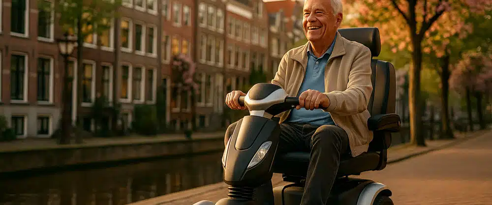 Senior geniet onafhankelijk op een 4-wiel scootmobiel in een Amsterdamse grachtenstraat – beste scootmobiel voor vrijheid en comfort.