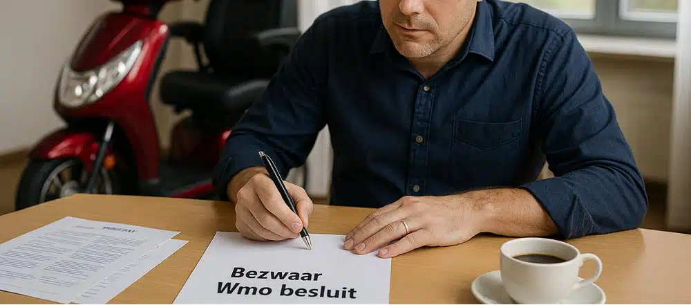 Man vult bezwaarschrift in met scootmobiel op de achtergrond