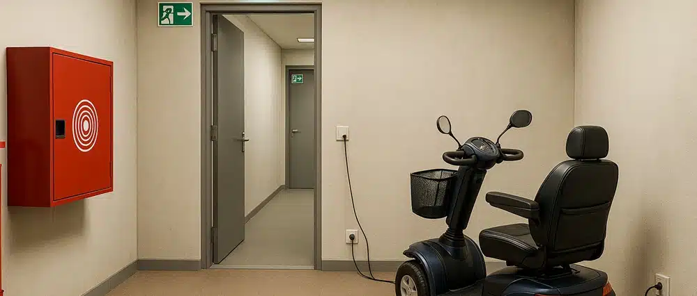 Brandveilige stalling voor Wmo scootmobiel met oplader en vrije vluchtweg