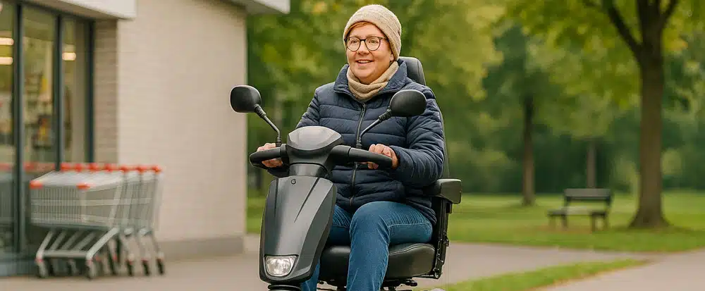 Gebruiker met reuma rijdt zelfstandig op een comfortabele scootmobiel ter ondersteuning van zijn mobiliteit