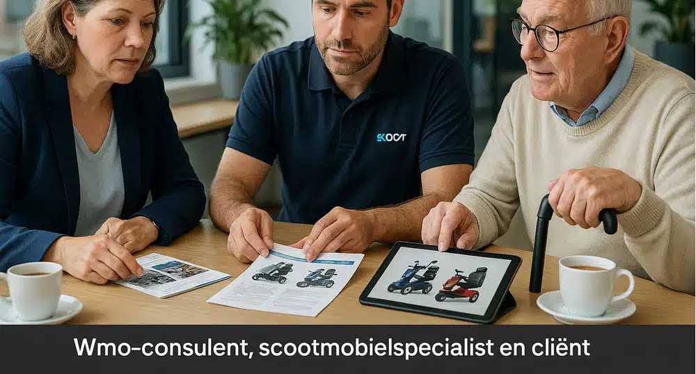 Wmo-consulent, scootmobielspecialist en cliënt bespreken scootmobielopties en PGB-mogelijkheden rond een tafel