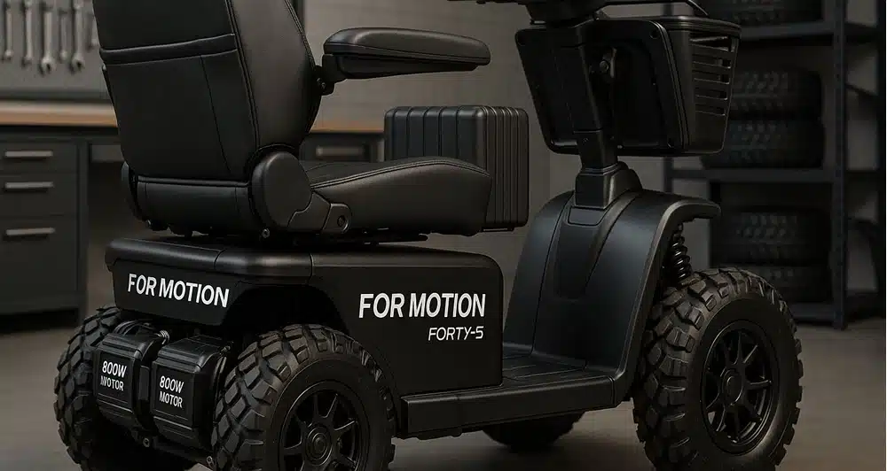 For Motion Forty-5 scootmobiel met dubbele motoren en verwarmde stoel in werkplaats