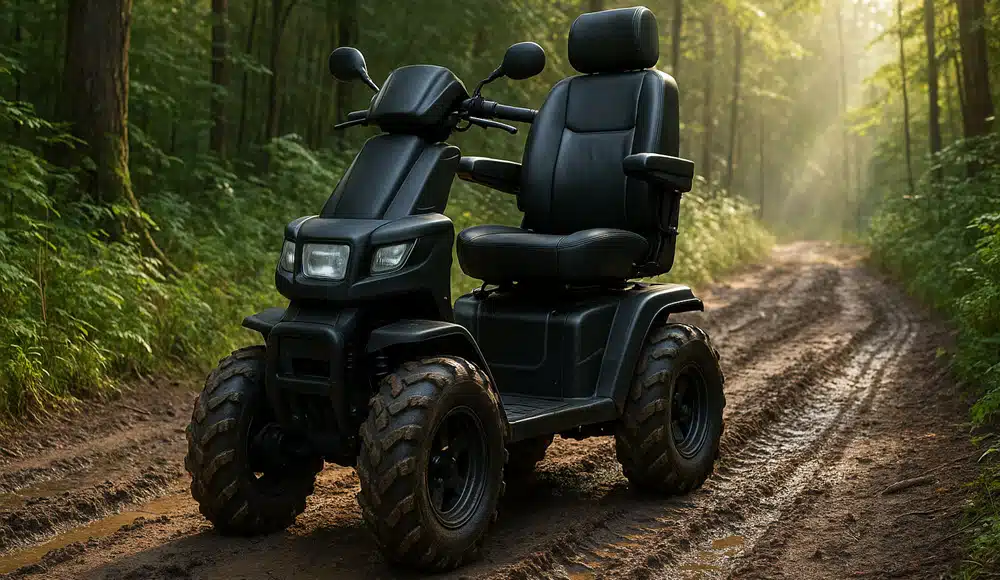 Heavy duty off road scootmobiel op een ruig bospad met brede banden en robuust frame