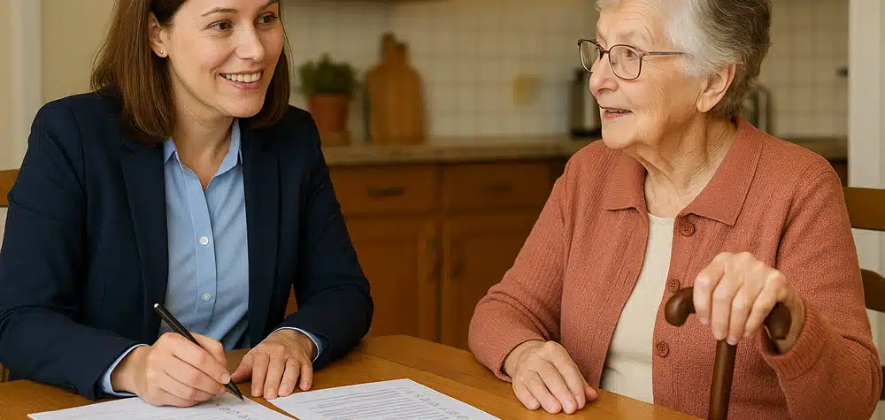 Keukentafelgesprek tussen een Wmo-consulent en een oudere cliënt over scootmobielindicatie