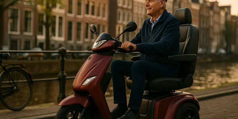 Senior geniet van vrijheid op moderne scootmobiel kopen langs Amsterdamse grachtengordel