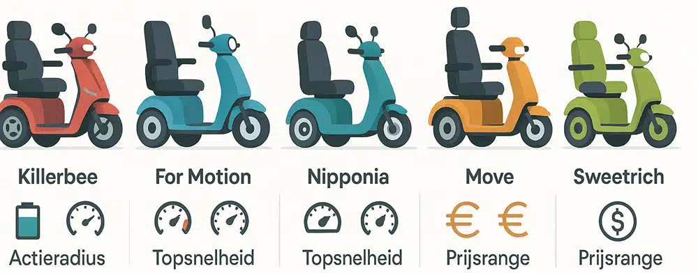 Infographic vergelijking moderne scootmobielen Killerbee, For Motion, Nipponia, Move en Sweetrich – actieradius, snelheid en prijs