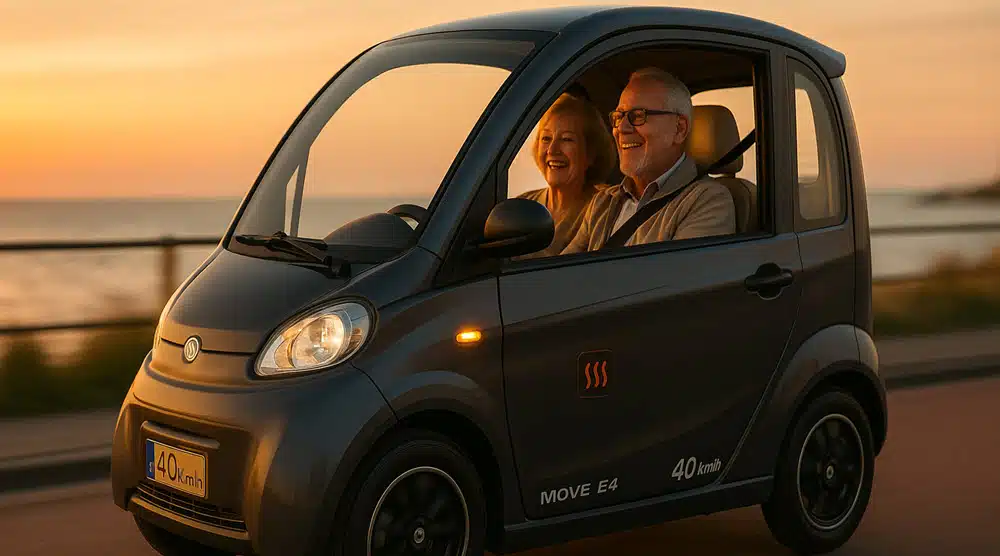 Senioren in overdekte Move E4 scootmobiel 45 km/u ervaren vrijheid en comfort bij zonsondergang.