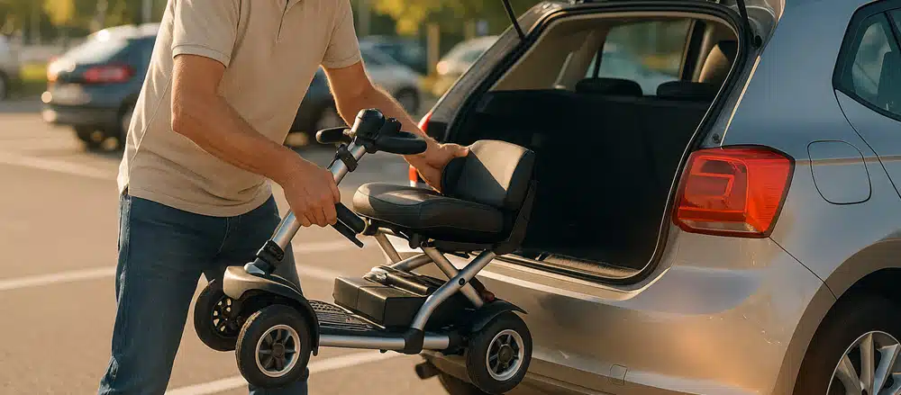 Opvouwbare scootmobiel wordt ingeklapt en in auto geladen – ideale reis-scootmobiel