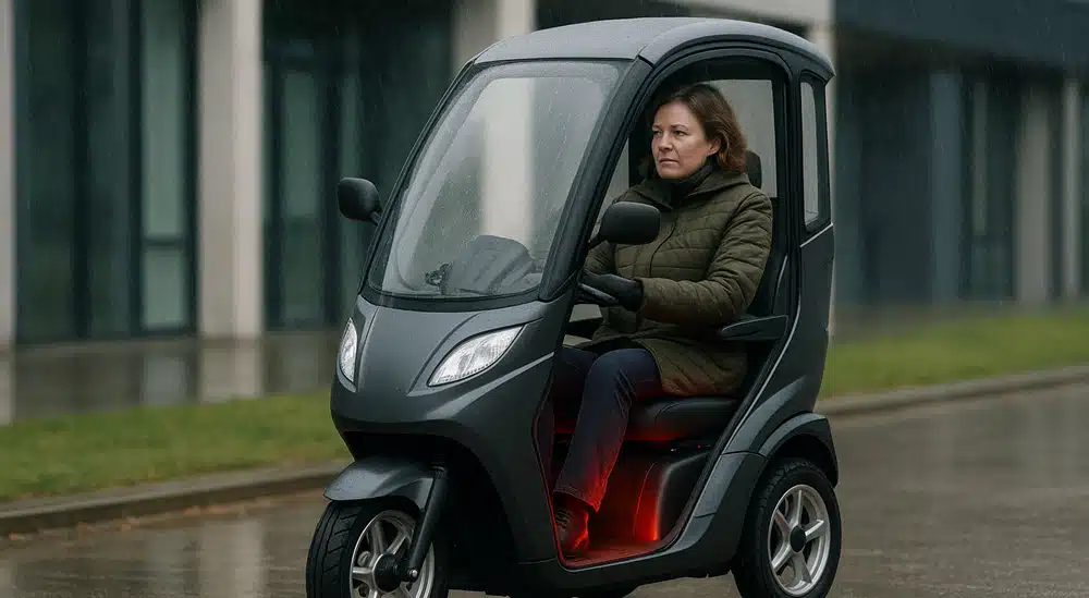 Overdekte scootmobiel in de regen, voorzien van extra comfort en bescherming voor gebruikers met reuma