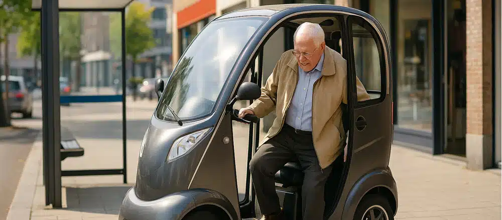 Overdekte scootmobiel voor Wmo-gebruik in de stad bij bushalte of winkel