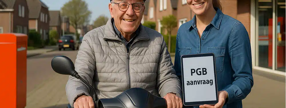 Oudere man op scootmobiel met begeleider tijdens PGB-aanvraag via Wmo en SVB