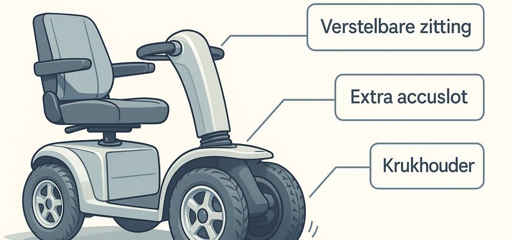 Technische illustratie toont luchtbanden, verstelbare stoel en extra accu als populaire aanpassingen voor scootmobiel gebruikers