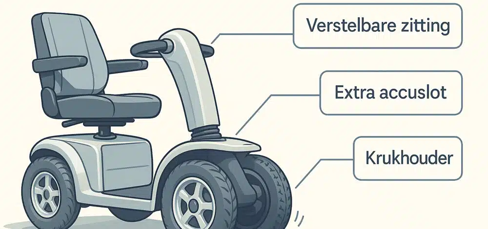Technische illustratie toont luchtbanden, verstelbare stoel en extra accu als populaire aanpassingen voor scootmobiel gebruikers