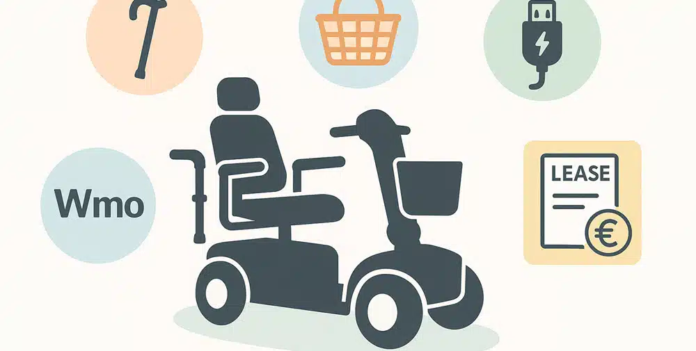 Illustratie toont populaire scootmobiel-accessoires en financieringsopties zoals lease en Wmo.