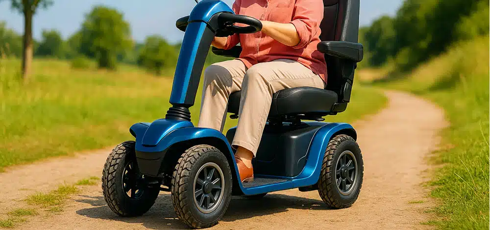 Vrouw met artrose rijdt op een scootmobiel met goede vering en ergonomische zitting voor optimaal comfort