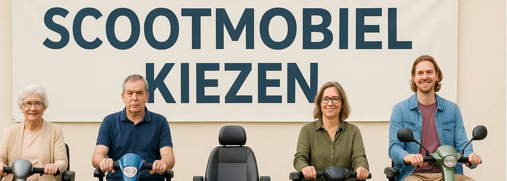 Groep mensen met Parkinson, artrose, MS en spierziekten op verschillende scootmobielen bij het kiezen van het juiste model