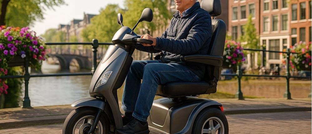 Senior op scootmobiel met luchtbanden rijdt comfortabel door Amsterdams straatbeeld, voorbeeld van stabiel en schokvrij vervoer