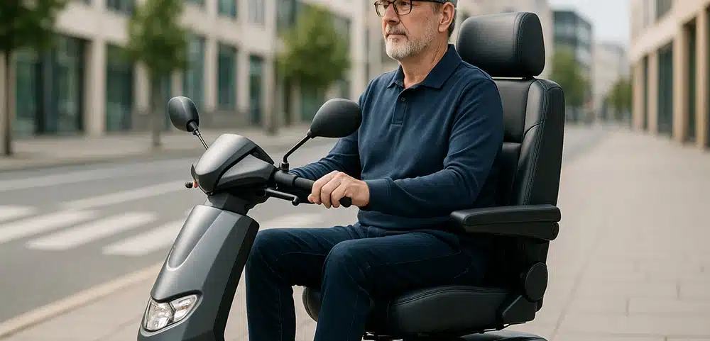 Persoon met MS rijdt op een licht te bedienen scootmobiel met ergonomische aanpassingen voor extra ondersteuning