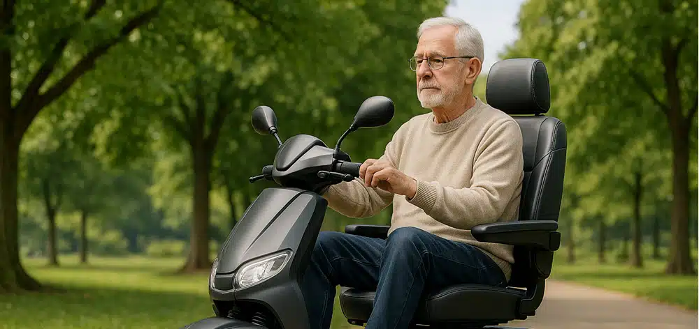 Man met Parkinson op een stabiele vierwielige scootmobiel in een stadspark, voor extra balans en comfort