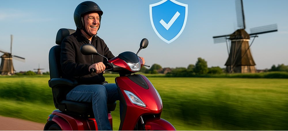 Snelle scootmobiel van 40 km/u op Nederlands fietspad met verzekeringsicoon – visuele introductie snelle scootmobielen verzekering.