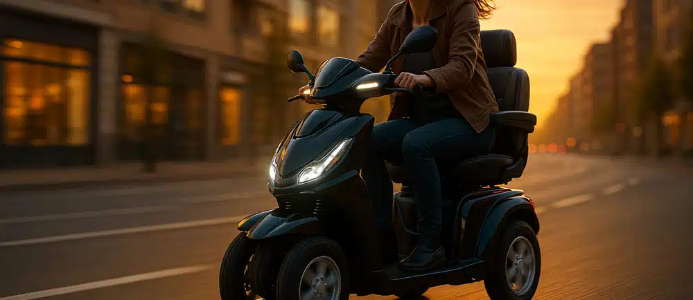 Sportieve 4-wiel scootmobiel rijdt met 25 km/u door een moderne stad bij zonsondergang