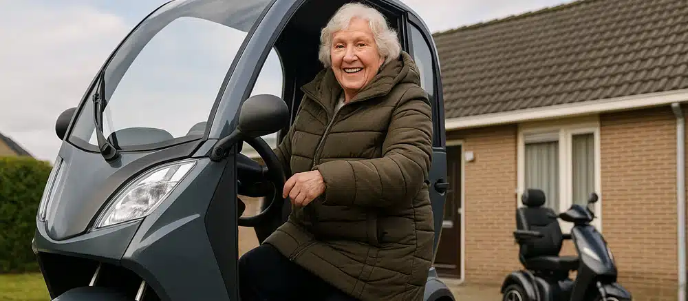 Blije vrouw stapt in overdekte scootmobiel na toekenning