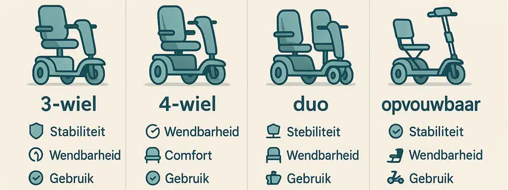 Overzicht van verschillende scootmobiel types (3-wiel, 4-wiel, duo en opvouwbaar) met hun belangrijkste kenmerken