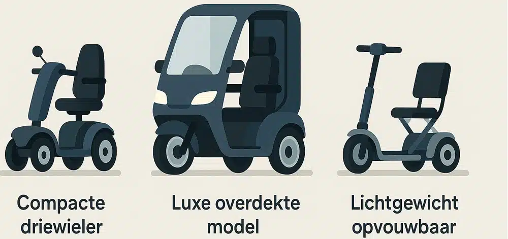 Infographic met drie soorten scootmobielen 2025 – compact, luxe en opvouwbaar
